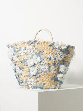 Straw Floral Tote with Blue Embroidery and White Appliqués